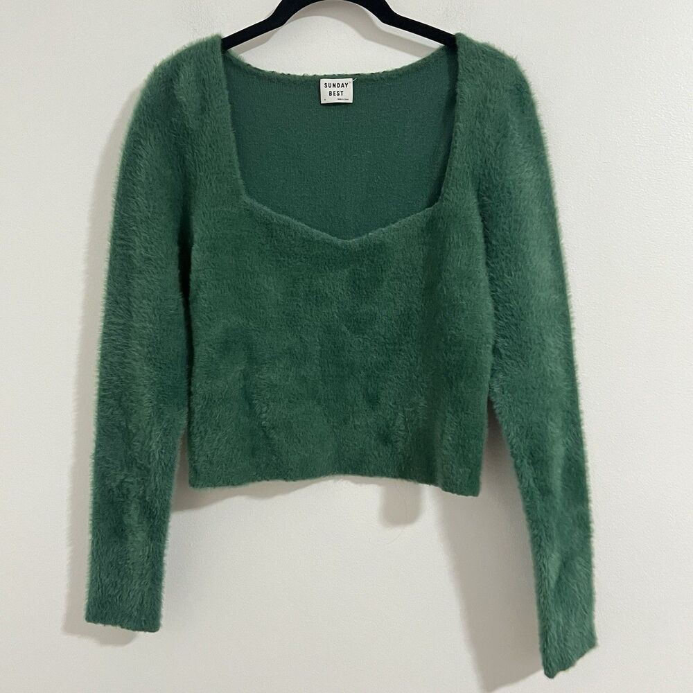 SUNDAY BEST ARITZIA Sweater Women M Green Crop Sweetheart Neck Fuzzy Knit Party